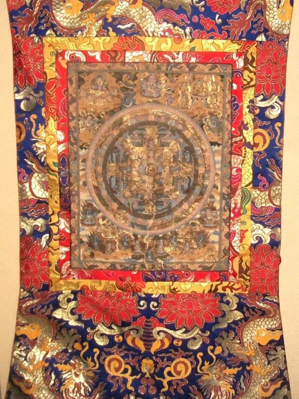 Large Hanging Vintage Tibetan Thangka w Handpainted Mandala on Heavy Brocade